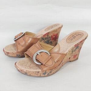 B.O.C. Born Women Platform Floral Wedge Sandals Size 6 Tan Comfort Heels Slip-on